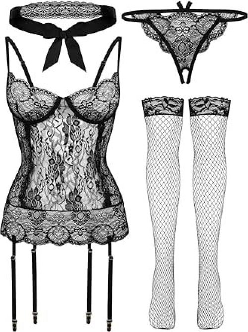 Sexy Lingerie Extreme Cosplay 4 Piece Lace Babydoll Sheer Lingerie Cosplay Etching Erotic Lingerie Fancy Dress Costume Thong Thong Stockings Black Lace Eye Mask Etching