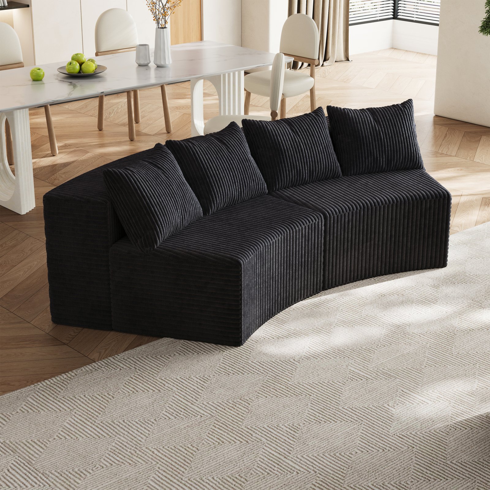 Corduroy Curved Sectional Sofa With Four Pillows,Curved Symmetrical Modular Semi Circular Sofa Sectional For Bedroom, Living Room, Office For Leisure Or Nap, Reading Room, And Lobby  Two Modules
