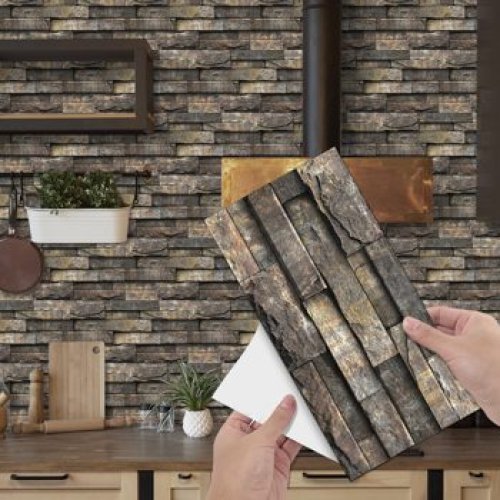 Vintage Brown Marble Tile Peel And Stick Wallpaper, Removable Wall Stickers, Suitable For Bathroom Kitchen Splashback Hanging Decorative Tiles, Self-adhesive Waterproof And Oil-proof PVC Design