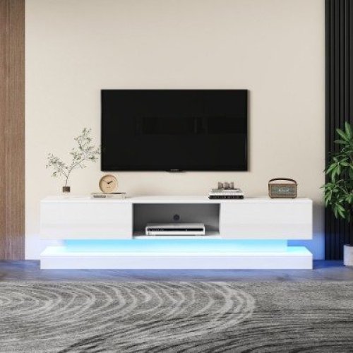 160 Cm TV Stand With16 Colour RGB LED Lights, High Gloss Front TV Cabinet With 2 Drawers And 1 Open Storage Space, TV Unit For 70-79 Inch TV For Living Room, White