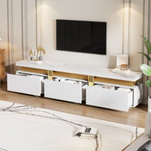 Luxury TV Stand With Faux Marble Top, TV Cabinet Golden Panel Design, And 3 Drawers For Televisions Up To 89'', Rectangle Media Console, Practical Entertainment Center For Living Room, White