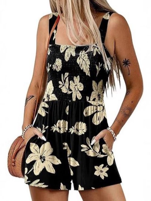 2026 Hot Women's Summer Casual Pleated Jumpsuit Square Neck Sleeveless Loose Shorts Beach Vacation Suit