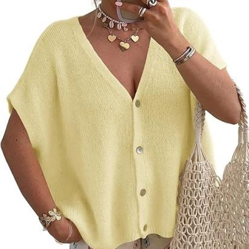 Short Sleeved V-neck Single Breasted Cardigan Sweater