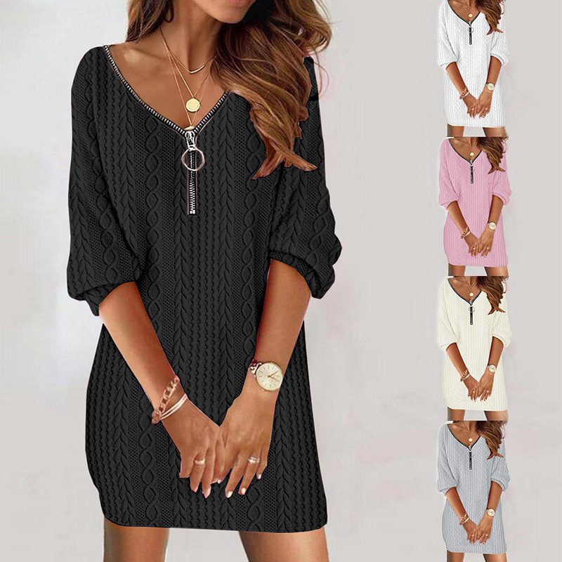 2026 European And American Women's Autumn And Winter New Popular Simple Solid Color V-neck Knitted Long Sleeved Dress