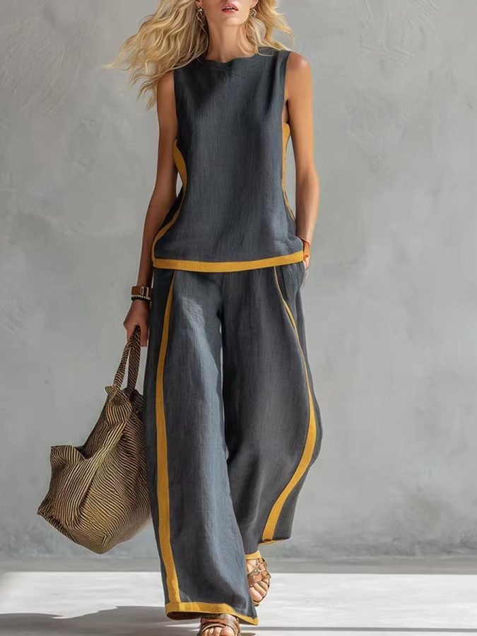 2026 New European And American Style Sleeveless Contrasting Wide Leg Pants Set For Women's Summer Casual Fashion Two-piece Set