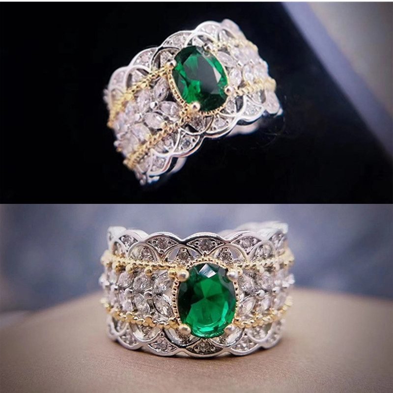 Emerald Pigeon Egg Zircon Open Ring, Vintage Hollow Double Gold Plated INS Style Light Luxury Jewelry