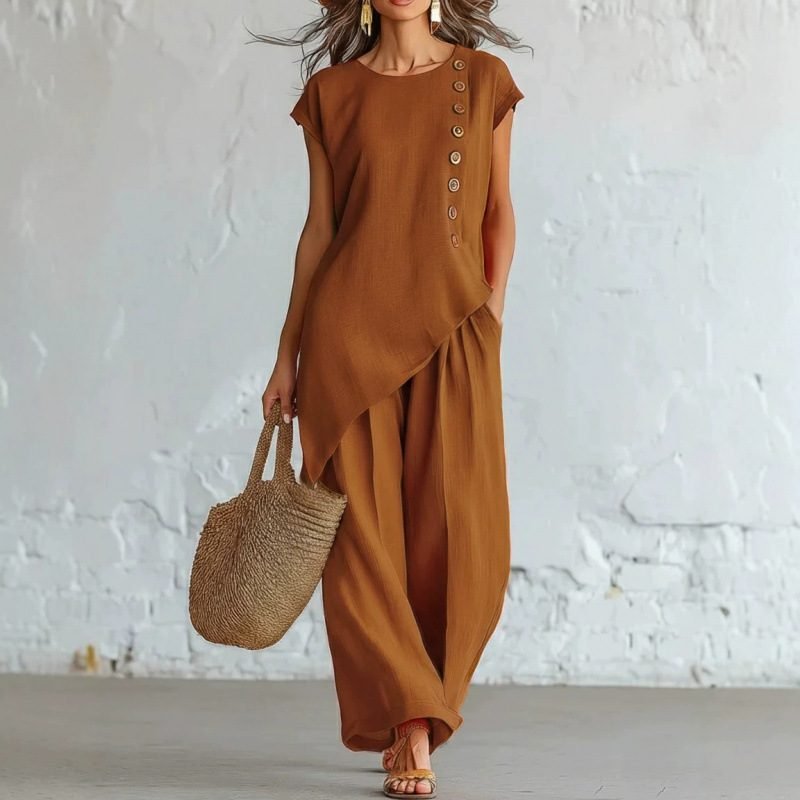 Bohemian Beach Two Piece Set Round Neck Button Short Sleeve Top Wide Leg Trousers