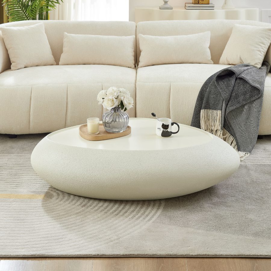 47.24''Fiberglass Oval Coffee Table For Living Room Elliptical Table,Faux Matte Rocks Table Front Of The Sofa, Irregular Center Table,No Need Assembly,White