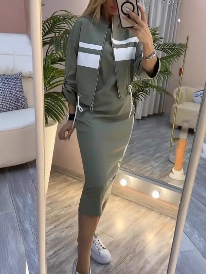 Autumn And Winter European And American Cross-border Independent Site Casual Zipper White Stripe Edge Jacket With Dress Inner Layer Foreign Trade Women's Set