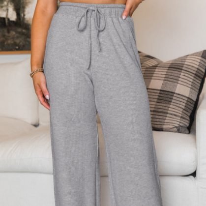 Gray Waffle Knit Drawstring High Waist Wide Leg Pants