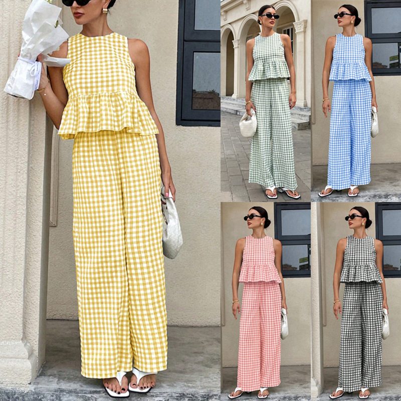 New Women Round Neck Sleeveless Ruffle Hem Top High Waist Straight Summer New Arrival