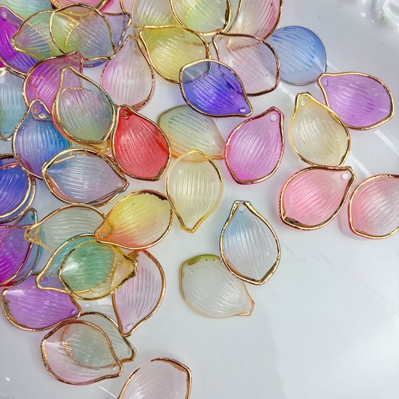 Two-Tone Translucent Acrylic Leaf Charms, Gold-Trimmed Veined Teardrop Beads With Top Hole For DIY Hanfu Hairpin Flower Bases & Jewelry Making.
