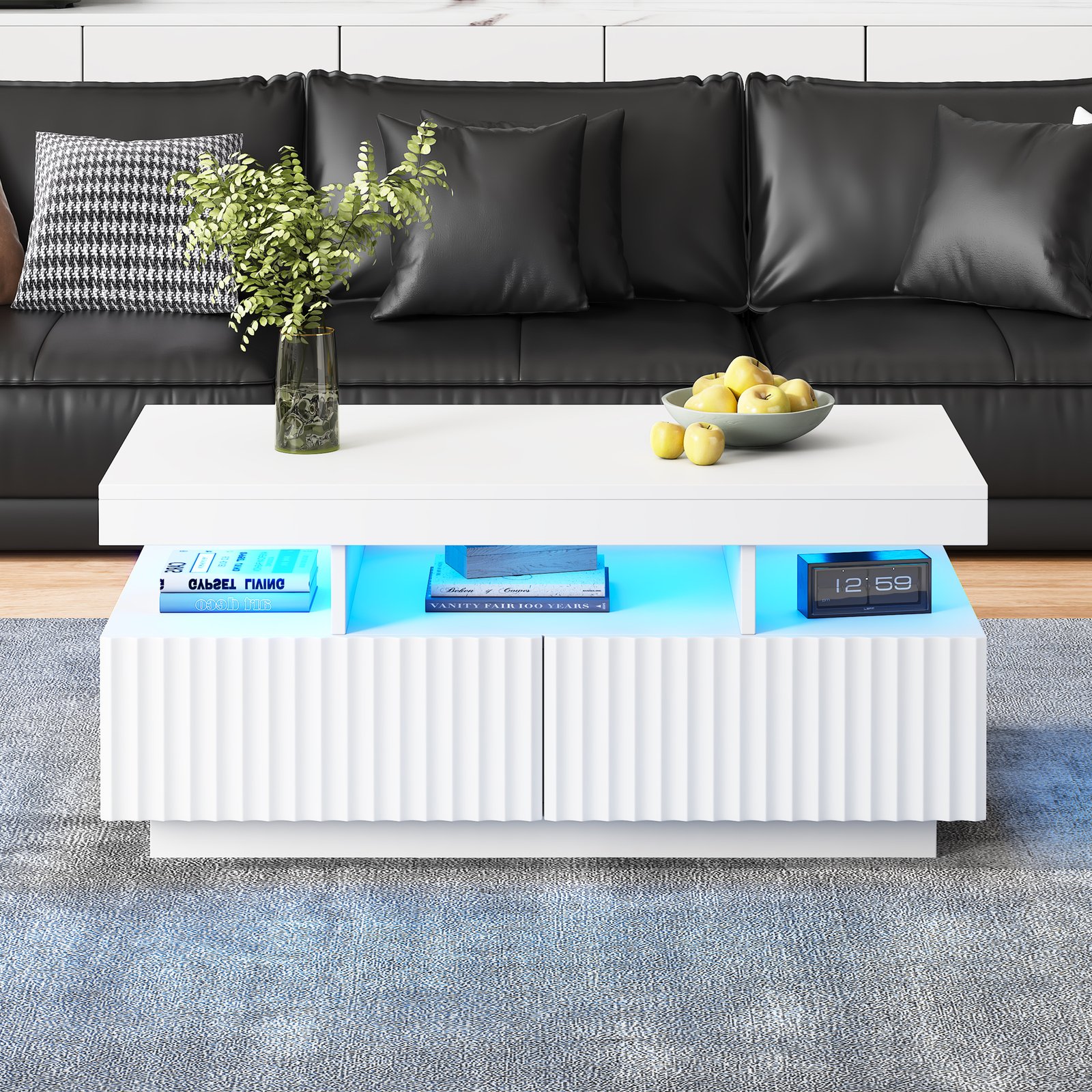 Coffee Table With LED Lights, 2drawers, Ribbed Decorative Centre Table, Sofa Side Table, Rectangle Coffee End Table For Living Room, Office, 100x50x45cm, White, Particleboard