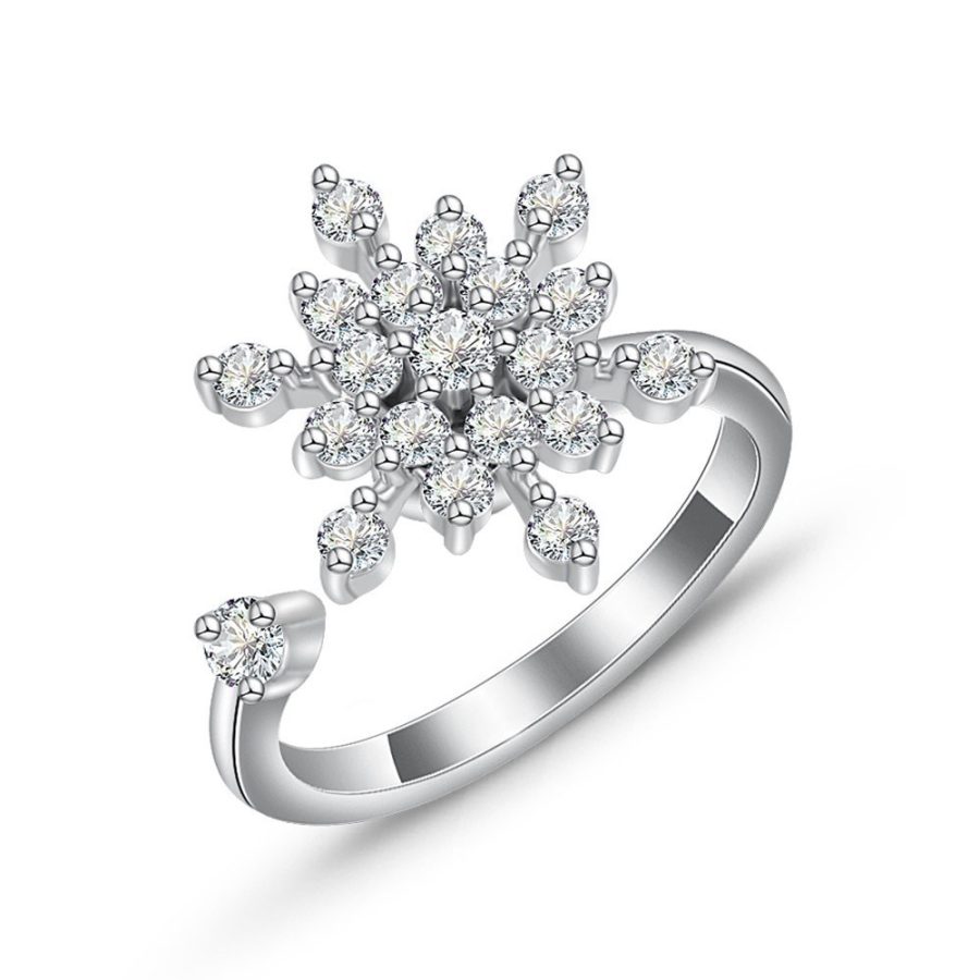 Christmas New Year Niche Unique Design Full Diamond Rotating Ring, Snowflake Open Adjustable Pure Copper Non-fading Ring
