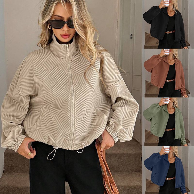 European And American Cross-Border Amazon Autumn And Winter High Collar Zipper Hem Drawstring Flap Pocket Pants Women's Loose Baseball Jacket