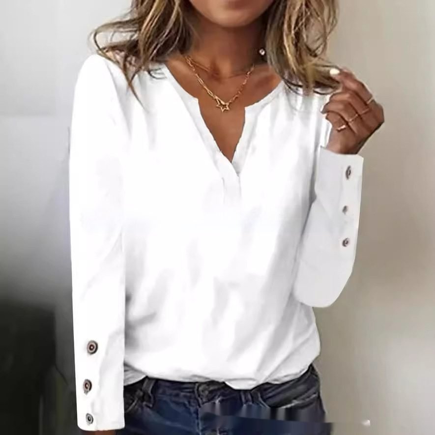 Casual Loose V-neck White Long Sleeve T-shirt Top Simple