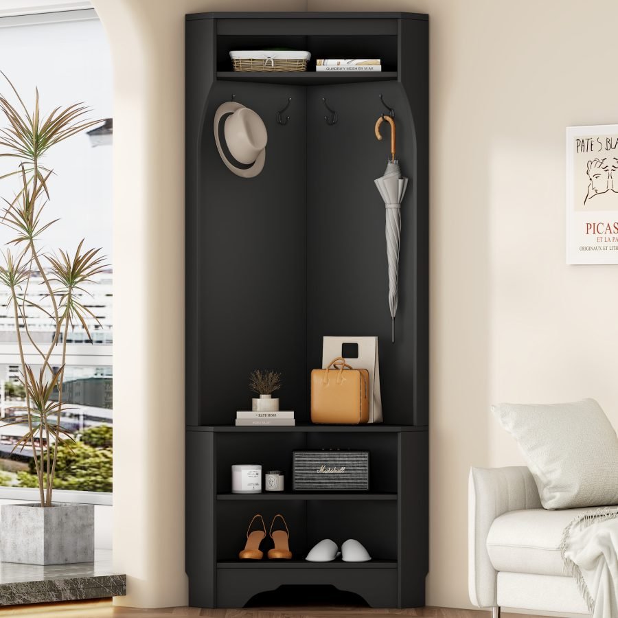Minimalist Corner Hall Tree With Shoe Bench, Versatile Entryway Coat Rack With 4 Hooks, Corner Cabinet With Adjustable Shelf For Hallway, Living Room, Black, 29.5Wx71.6H