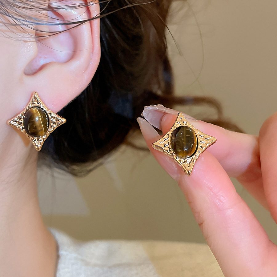 Tigers Eye Oval Star Stud Earrings Silver Post