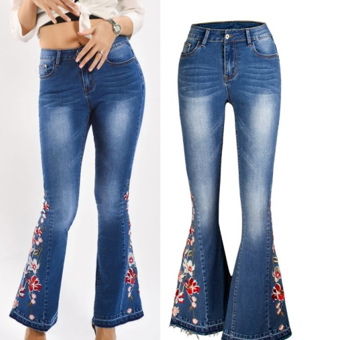 3D Machine Embroidery Denim Women's Autumn Denim Wide Leg Trousers
