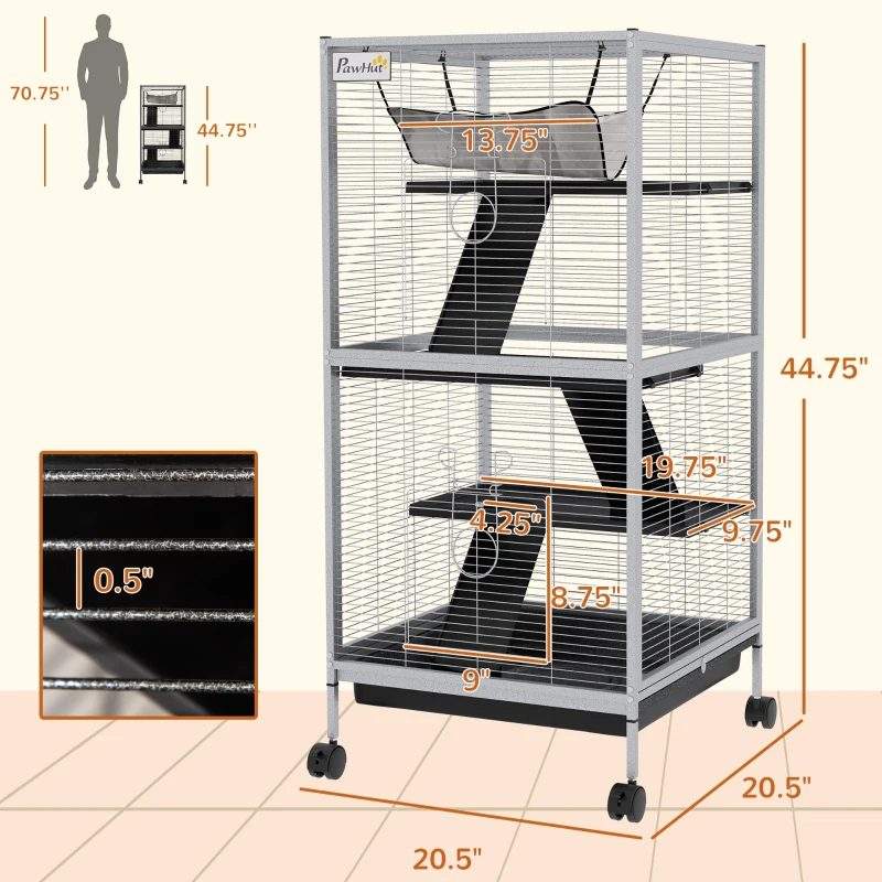 PawHut Rolling Small Animal Cage With Hammock, Ferret Cage, Chinchilla Cage, Pet Habitat With 6 Doors, Removable Tray