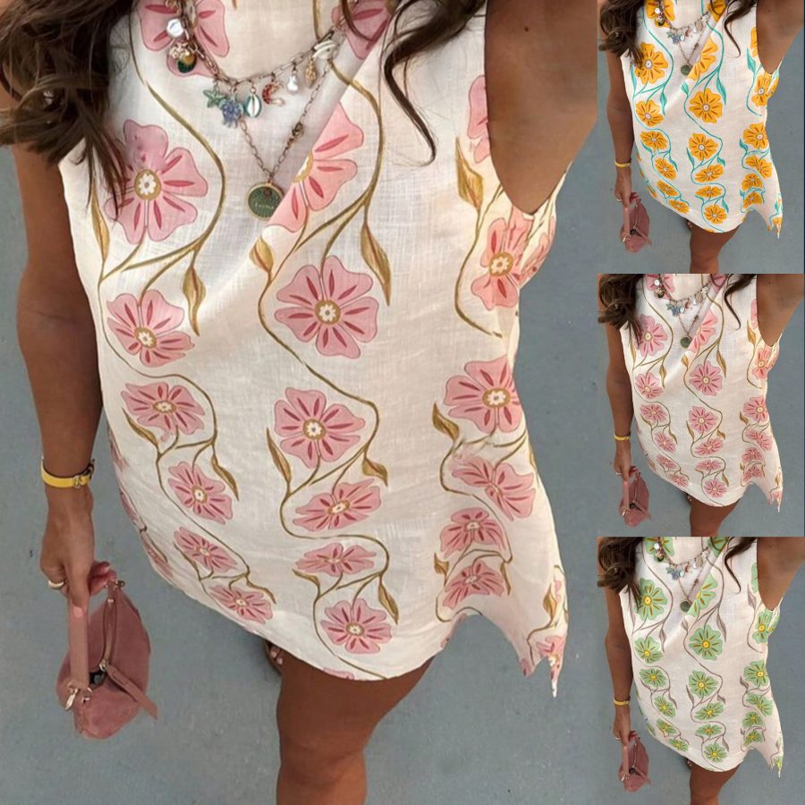 2026 Summer New Arrival  Casual Pink Floral Round Neck Sleeveless Tank Dress For Women  European And American Styles