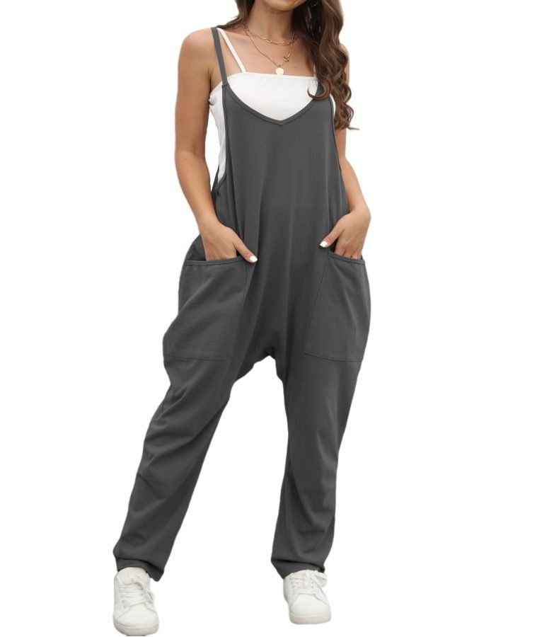Self-pick-up Only Women's Casual Sleeveless Backless Loose Solid Color Jumpsuit Loose Stretch Pants Zipper Jumpsuit With Pockets Only Self-pickup Is Supported