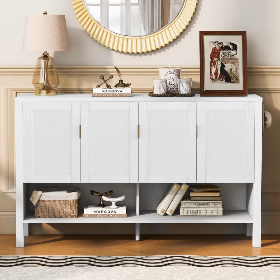 U-STYLE 55.1  Storage Sideboard With 4- Doors Multi Functional Buffet With Open Shelf And 2- Tiers Adjustable Shelves Modern Cabinet With Double Hooks Suitable For Living Room  Hallway  Dining Office.