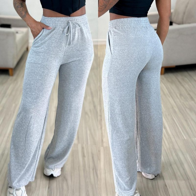 Solid Color High Waist Lace-up Elastic Waist Trimming Casual Trousers