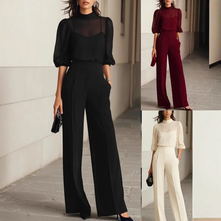 European And American Cross-Border Fashion Set For Women, New Summer Style, Slimming Printed Short-Sleeve Wide-Leg Pants Three-Piece Set