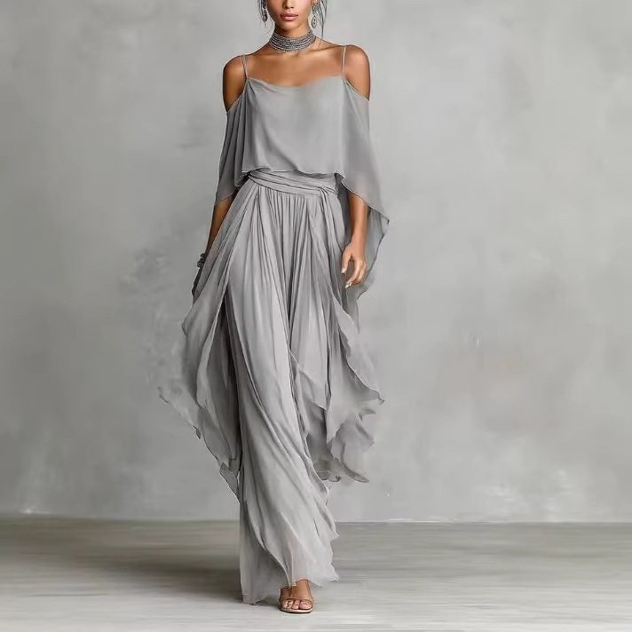 New European And American Cross-border Gray Chiffon Off-shoulder Camisole Wide-leg Pants Set For Women, Fashion Irregular Independent Site