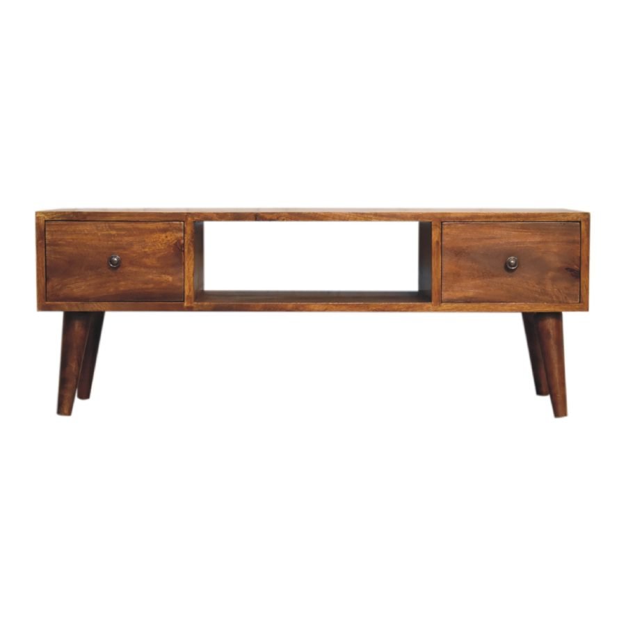 Solid Wood Classic Chestnut Coffee Table, 2 Drawers, 1 Open Slot, Dark Brown