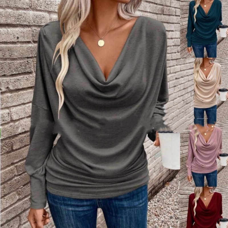 Women's V-Neck Solid Color Knitted Long Sleeve Loose Fit T-Shirt Casual Pullover Top