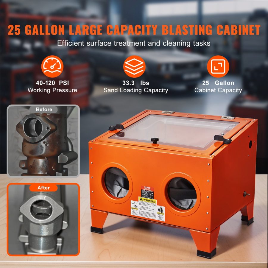 25 Gallon Sandblasting Cabinet, 40-120PSI Portable Benchtop Sand Blasting Cabinet, Heavy Duty Steel Sand Blaster With Blasting Gun & 4 Ceramic Nozzles For Paint, Stain, Rust Removal
