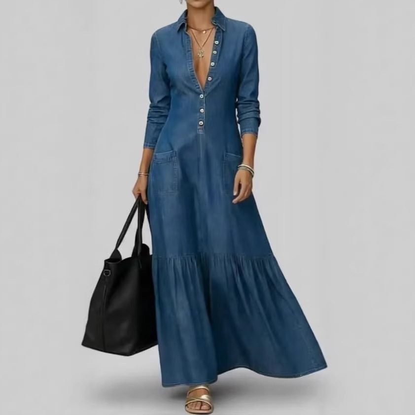 European And American Cross-border Street Retro Collar Style Denim Dress, Women's Summer New Style, High-end And Western-style Waist Cinching Long Skirt
