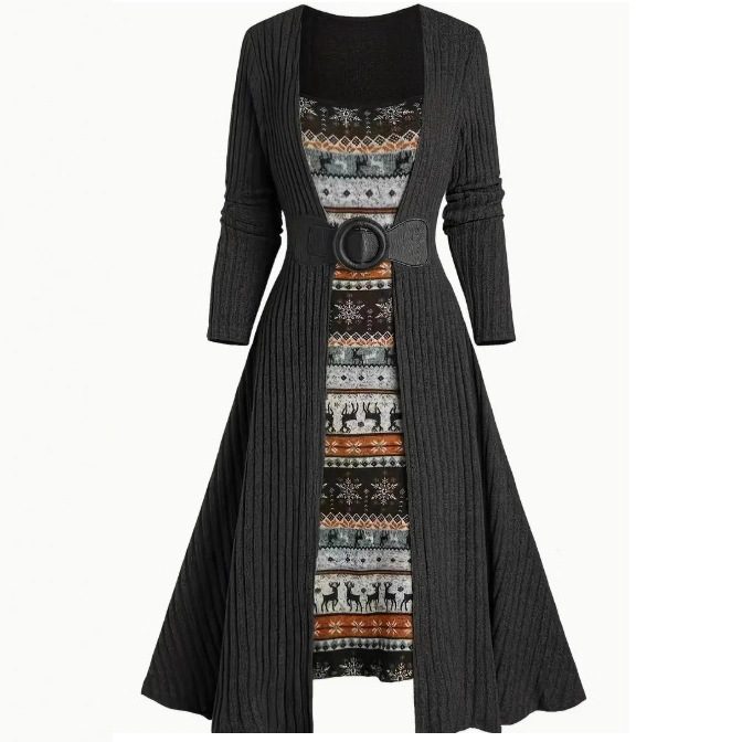 Commuter Long Sleeve Stitching Sunken Stripe Dress