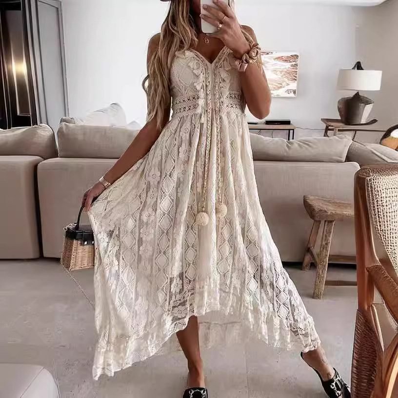 Summer New European And American Style Lace Strap Maxi Solid Color Dress