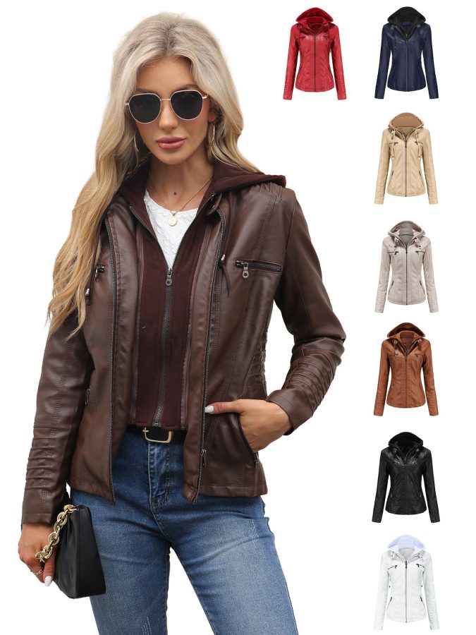 23 European And American Cross-border Hooded Leather Jacket Two-piece Set Removable Large Size Leather Jacket Women's Spring And Autumn Coat Women's PU Wash Leather