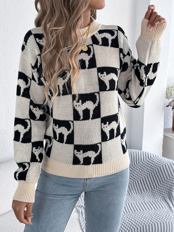 Women Halloween Plaid Lantern Sleeve Long Sleeve Pullover Sweater