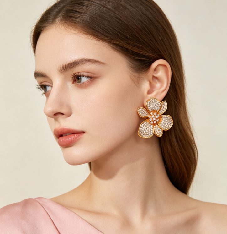 Vintage Gold Tone Sparkling Crystal Big Flower Dangle Earrings 925 Silver Post For Party
