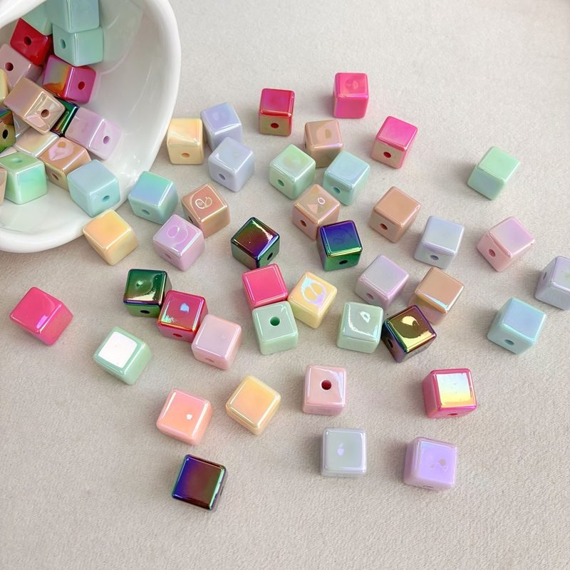 UV Plated Acrylic Cube Beads, Iridescent Square Charms With Vertical Hole For DIY Jewelry Making, Bracelets, Necklaces & Keychains, Mixed Pastel & Metallic Colors