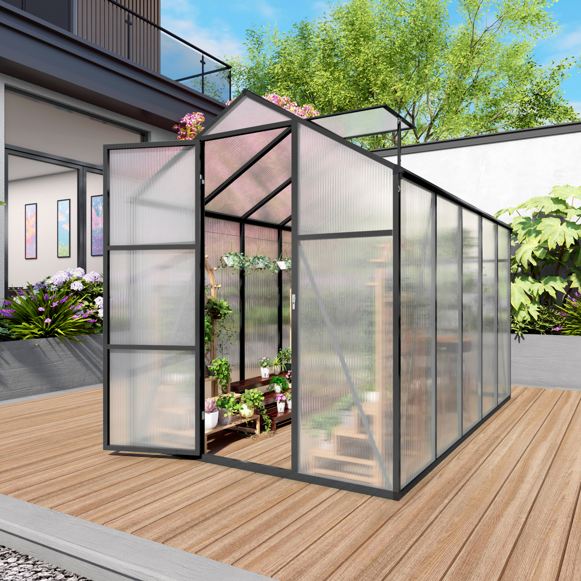 6x10FT Walk-in Outdoor Greenhouse - Polycarbonate Garden Greenhouse With Sturdy Aluminum Frame, Adjustable Vents, Lockable Door & UV Protection For Backyard