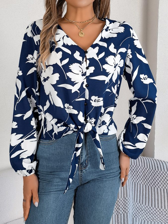 Women's Color-Blocked Floral Lantern Sleeve Tie-Waist Chiffon Top