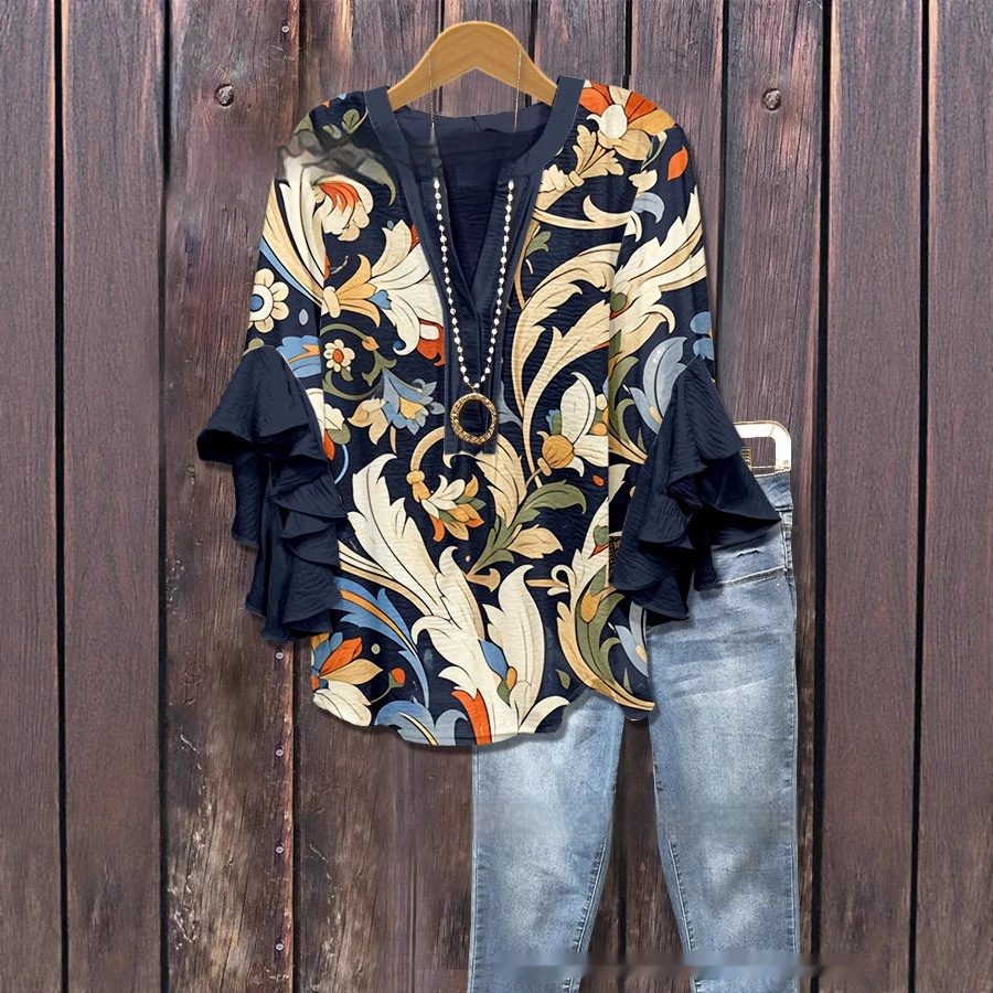 Women's Creative Printing Casual V-neck Lotus Sleeve T-shirt