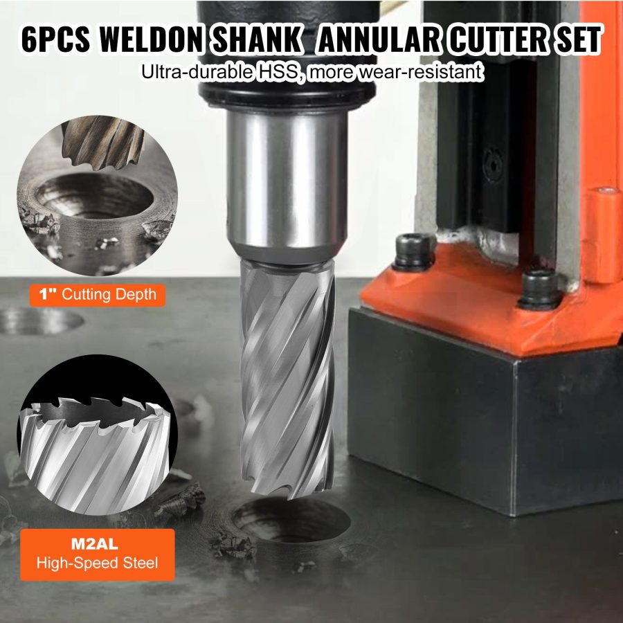 Annular Cutter Set, 6 Pcs Weldon Shank Mag Drill Bits, 1 2  To 1-1 16 Cutting Diameter, 1 Cutting Depth, M2AL High-Speed Steel, With Pilot Pin And Portable Case, For Using With Magnetic Drills