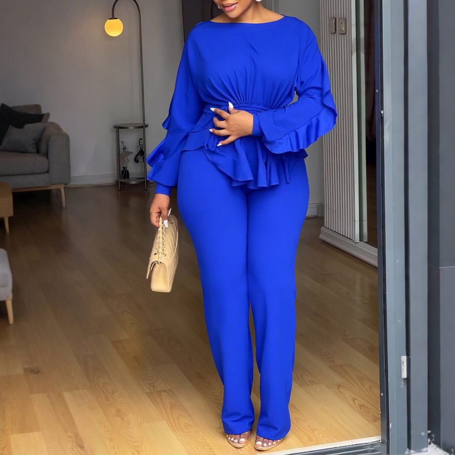Ruffled Drawstring Long Sleeve Waist-controlled Top Pants
