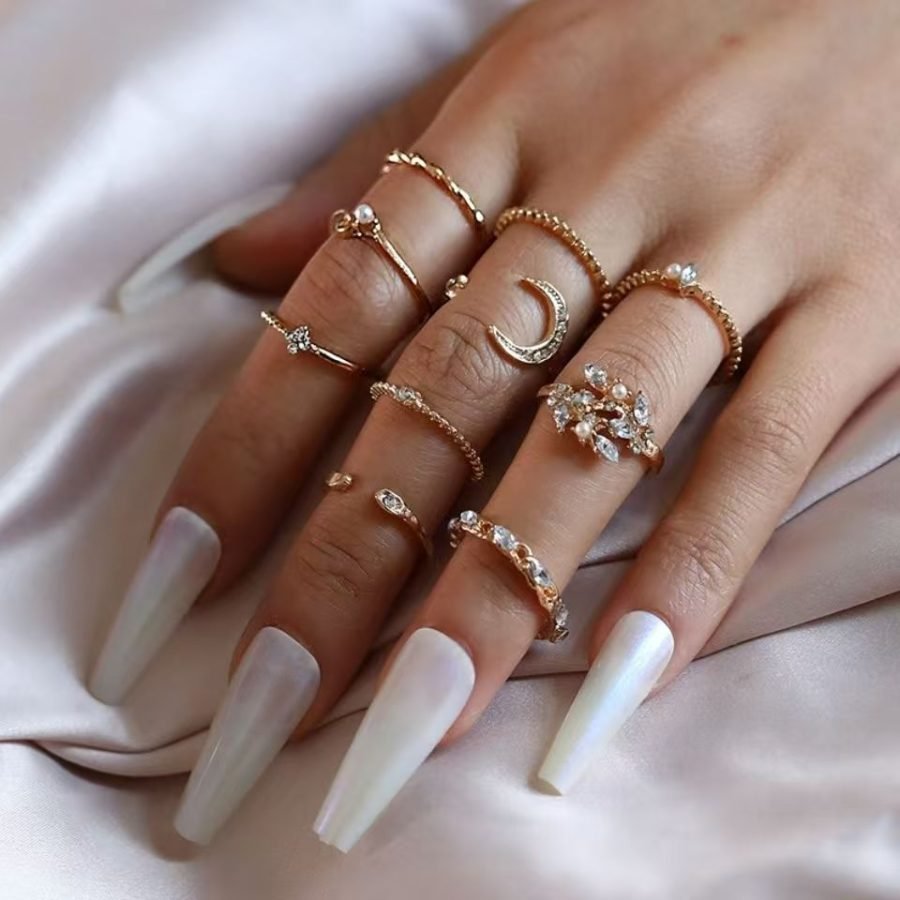 10 Pcs Ring Set, Moon Star Leaf Heart Rhinestone Knuckle Rings Combo