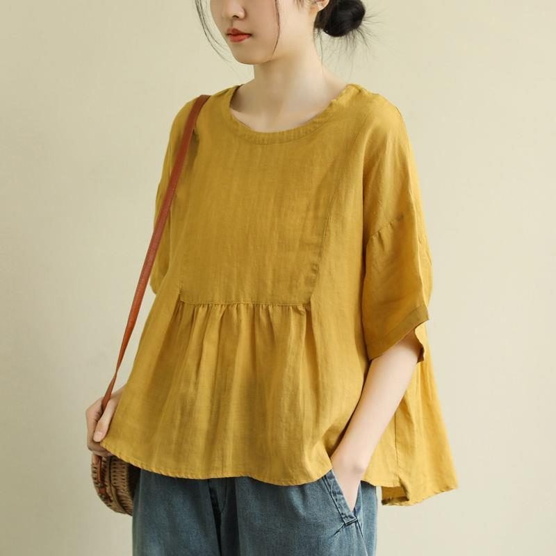 Short Sleeve Loose Round Neck Imitation Cotton And Linen Top