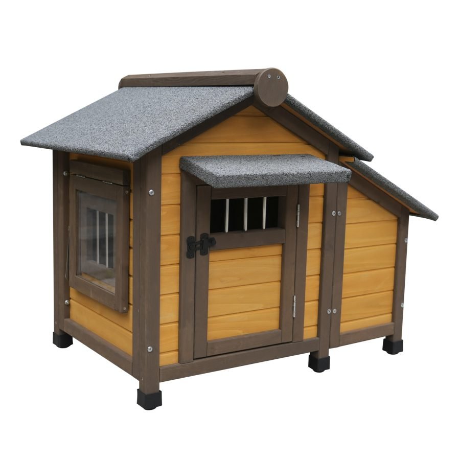 45 Inch Solid Wood Dog House, Cozy Outdoor Shelter For Medium & Small Dogs With Lockable Ventilated Door, Waterproof Insulated Felt Roof & Charming Design