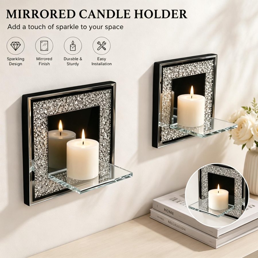 Crushed Diamond Mirrored Wall Candle Sconce, Square Silver Glass Wall Mounted Candle Holder Shelf, Luxury Sparkle Wall Art Decor For Bedroom Living Room Home Ornament