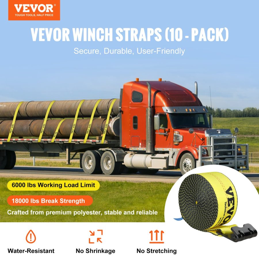 Winch Straps, 6000 Lbs Load Capacity, 18000 Lbs Break Strength, Truck Straps With Flat Hook, Flatbed Tie Downs Cargo Control For Trailers, Farms, Rescues, Tree Saver, Yellow